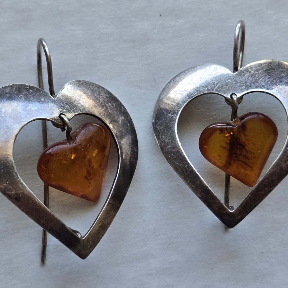 Valentines Sterling Silver 925 & Amber Heart Pierced Earrings